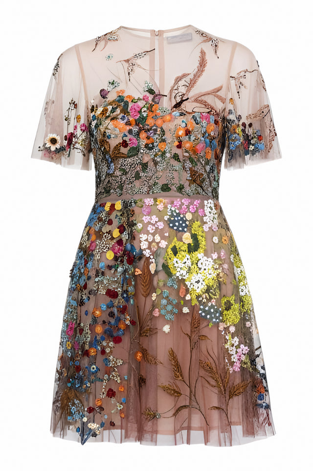 Valentino Embroidered Tulle Mini Dress with Floral Appliqué