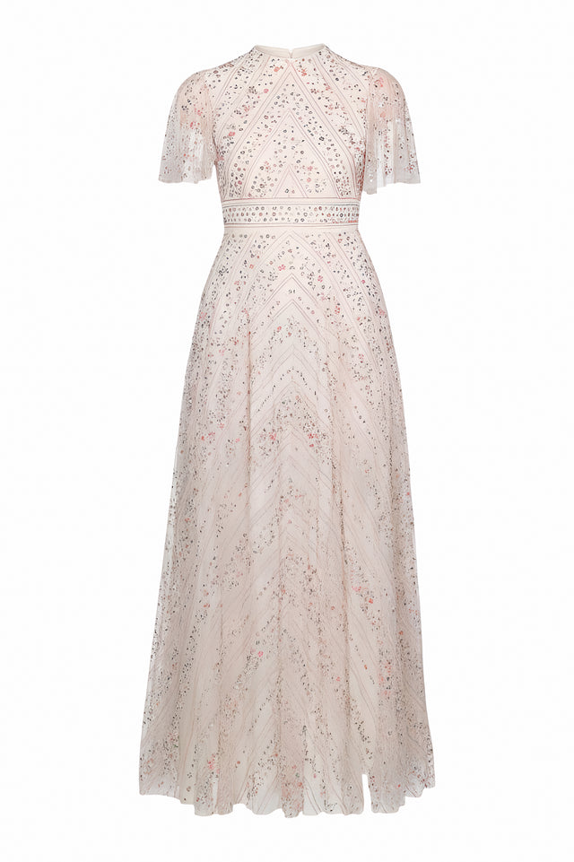 Valentino Embroidered Sheer Gown with Flutter Sleeves
