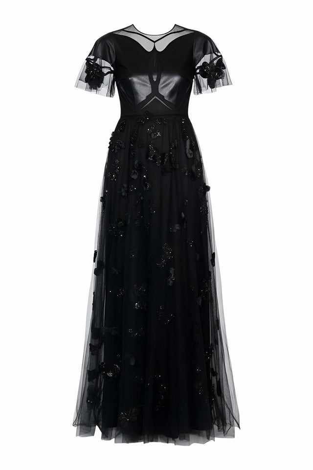 Valentino Black Leather and Tulle Butterfly Gown