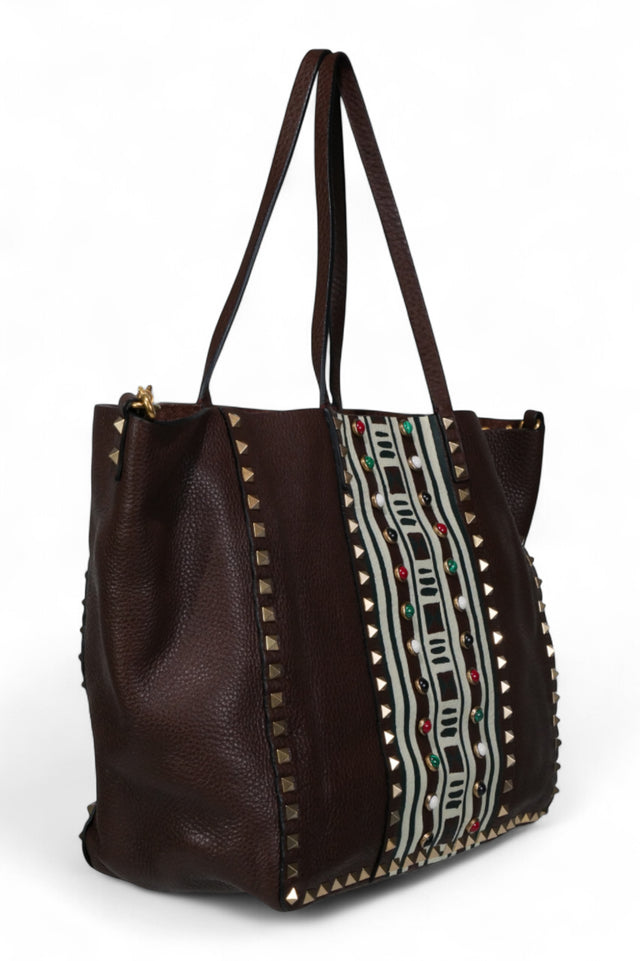 Valentino Garavani Rockstud Embellished Leather Tote Bag — Brown Multi