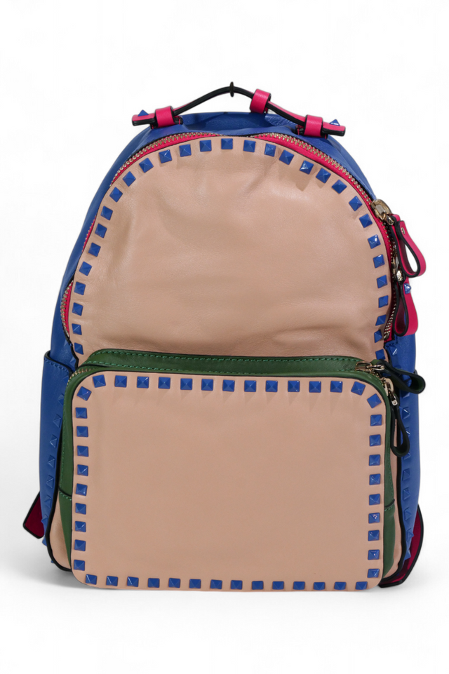Valentino Garavani Rockstud Colorblock Leather Mini Backpack — Royal Blue, Tan & Green