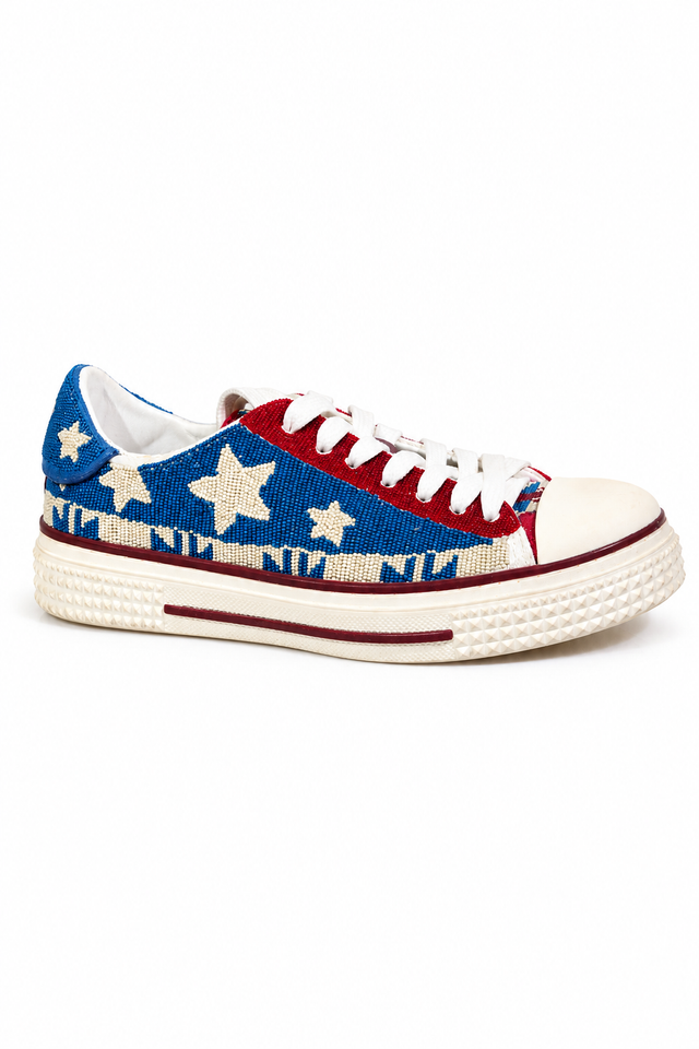 Valentino Garavani Beaded Low-Top Sneakers with Star Motif in Red, White & Blue