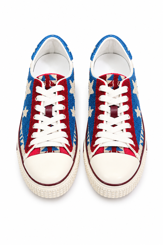 Valentino Garavani Beaded Low-Top Sneakers with Star Motif in Red, White & Blue