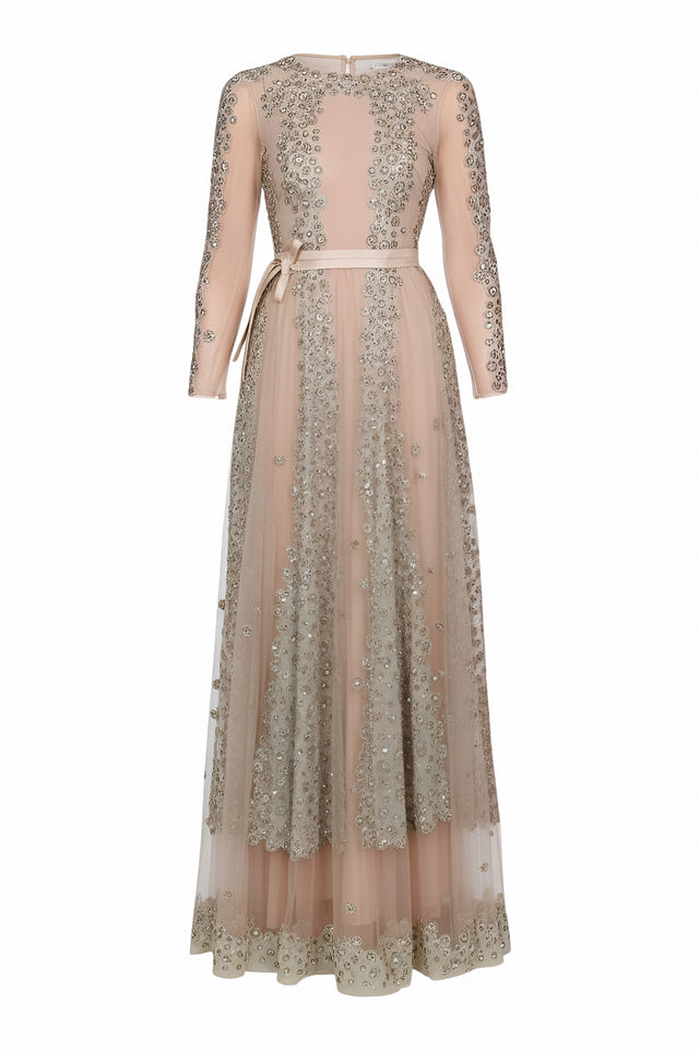 Valentino Embellished Neutral Tulle Gown with Satin Ribbon Detail