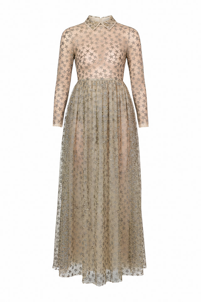 Valentino Sheer Star-Embroidered Gown with Collared Detail