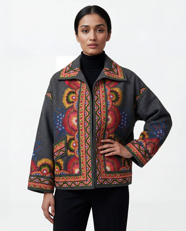Valentino Embroidered Wool Jacket in Charcoal with Multicolor Floral Motif
