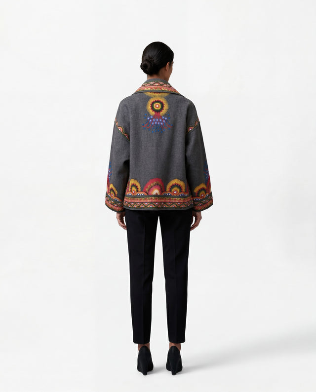Valentino Embroidered Wool Jacket in Charcoal with Multicolor Floral Motif