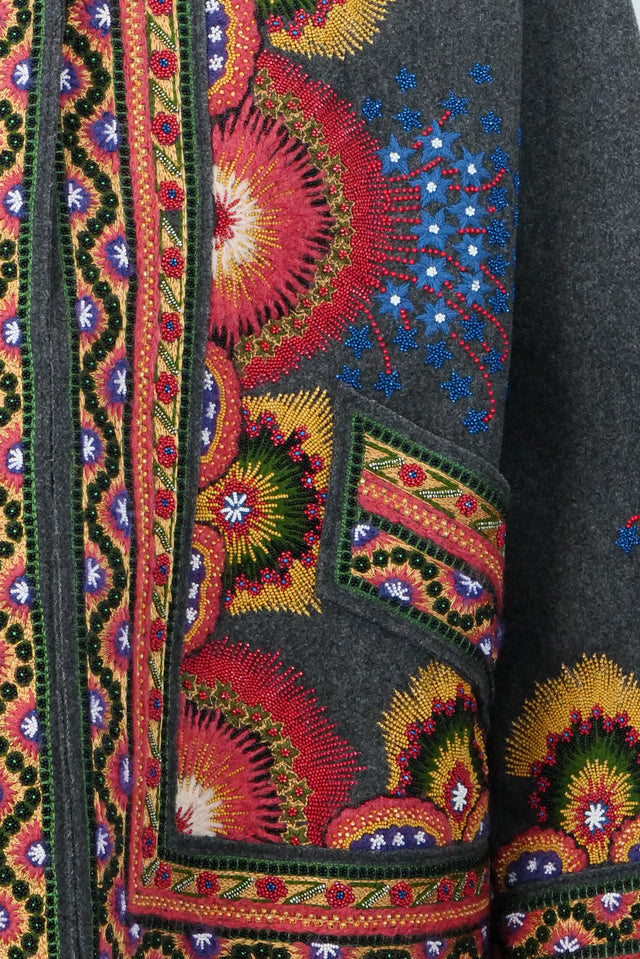 Valentino Embroidered Wool Jacket in Charcoal with Multicolor Floral Motif