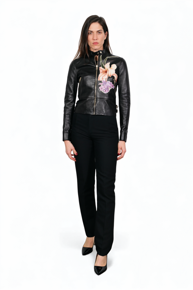 Valentino Black Leather Jacket with Hand-Painted Floral Detail