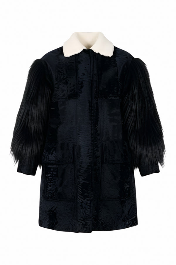 Valentino midnight black textured coat with faux fur sleeves