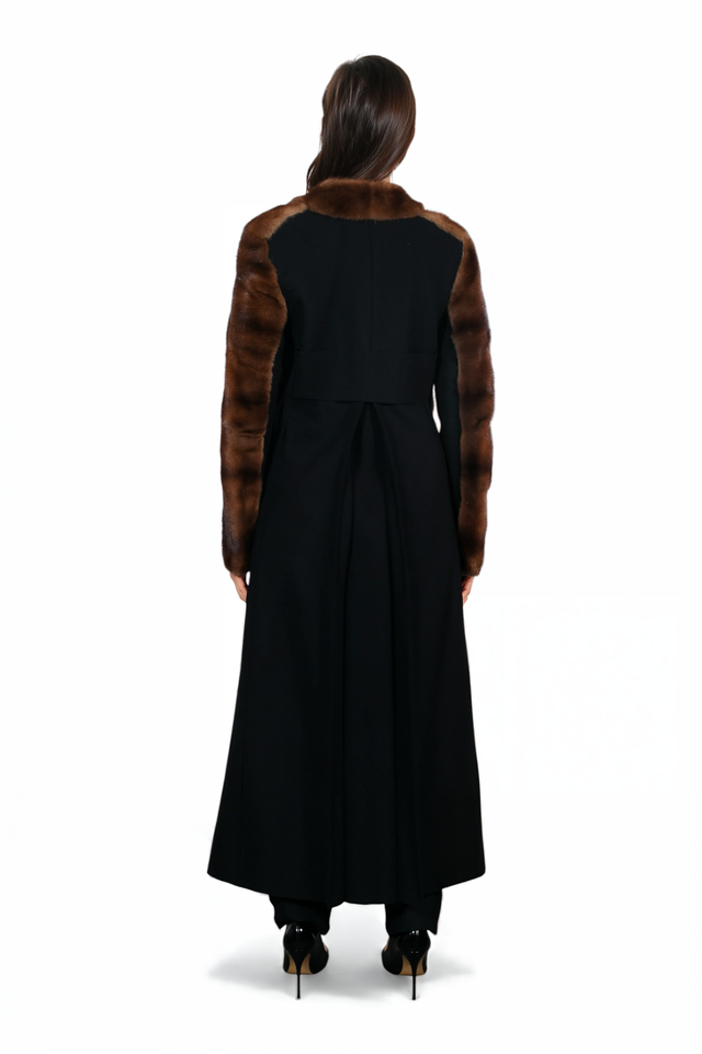 Long Brown Mink & Wool Panel Coat