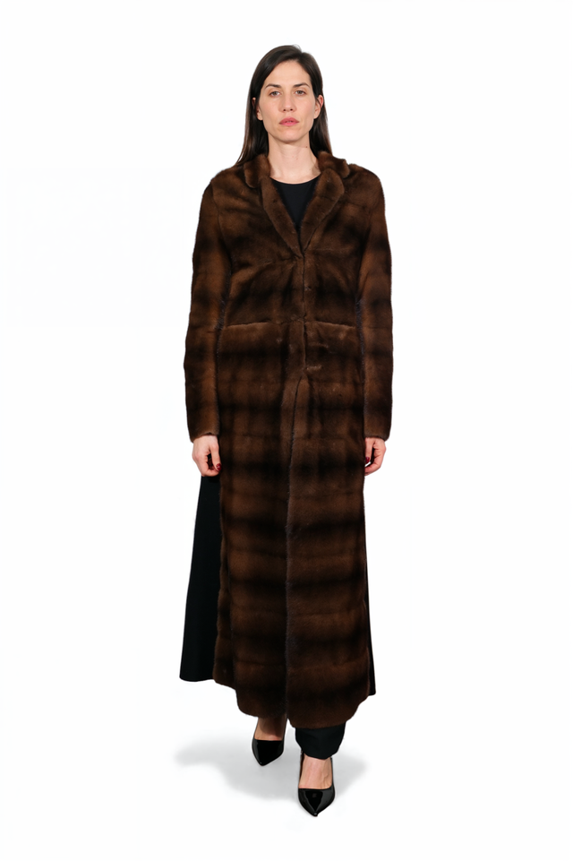 Long Brown Mink & Wool Panel Coat
