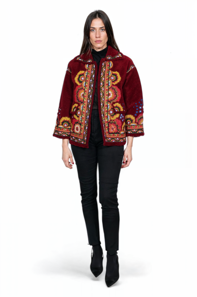 Valentino Bohemian Embroidered Wool Jacket in Burgundy