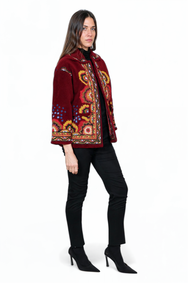 Valentino Bohemian Embroidered Wool Jacket in Burgundy