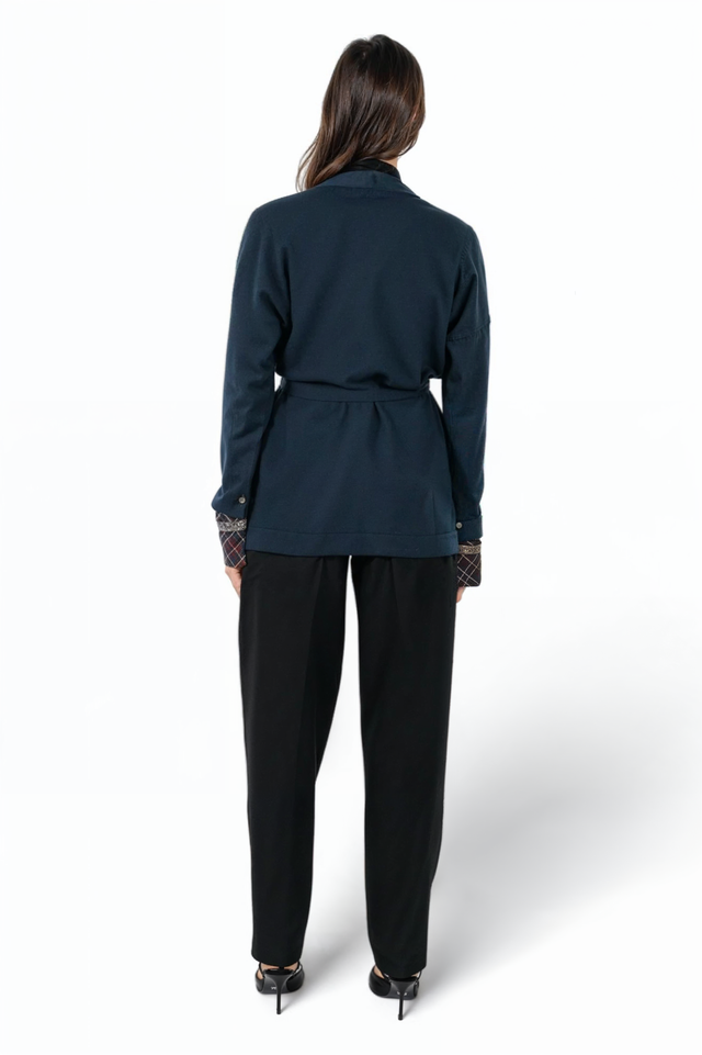 Fabiana Filippi Navy Wrap Jacket with Plaid Cuff Detail