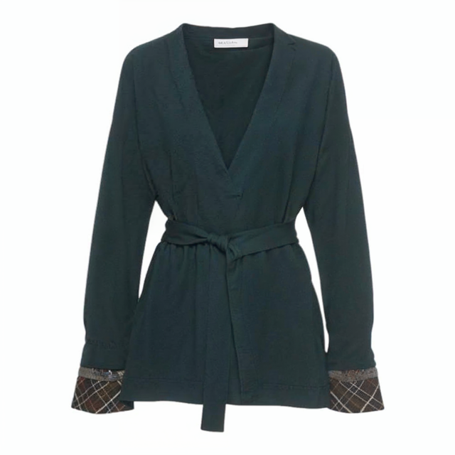 Fabiana Filippi Navy Wrap Jacket with Plaid Cuff Detail