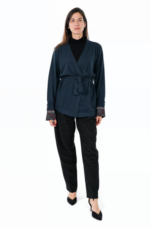 Fabiana Filippi Navy Wrap Jacket with Plaid Cuff Detail