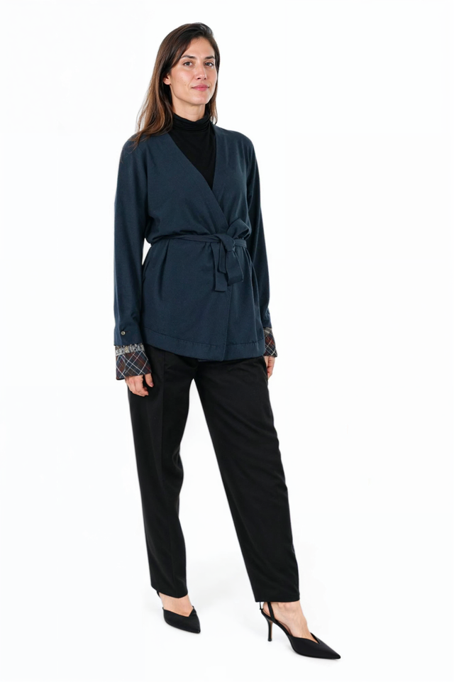 Fabiana Filippi Navy Wrap Jacket with Plaid Cuff Detail