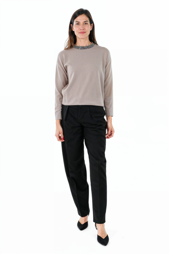 Fabiana Filippi Taupe Sweater with Beaded Neckline Detail