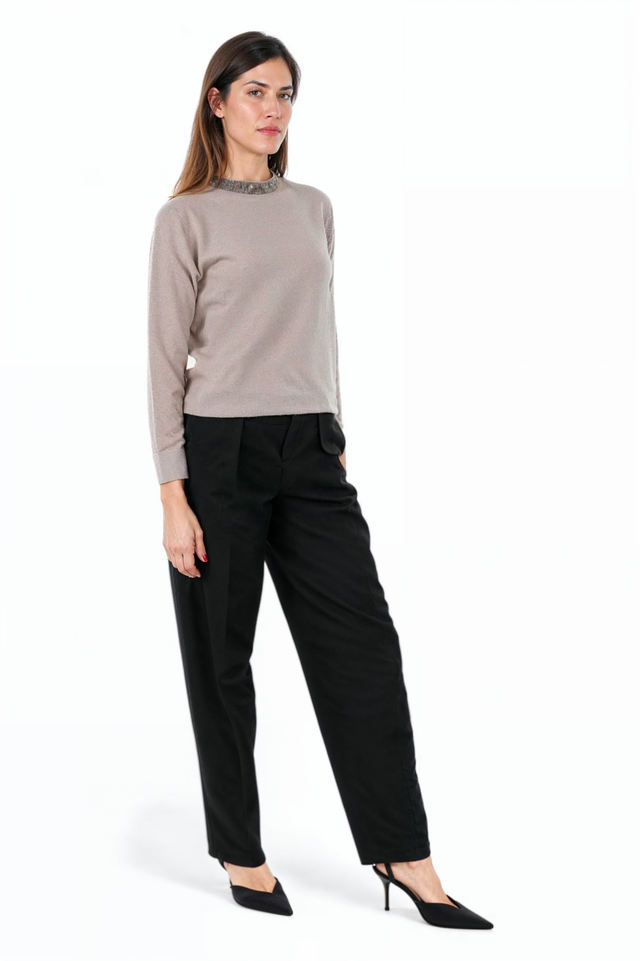 Fabiana Filippi Taupe Sweater with Beaded Neckline Detail