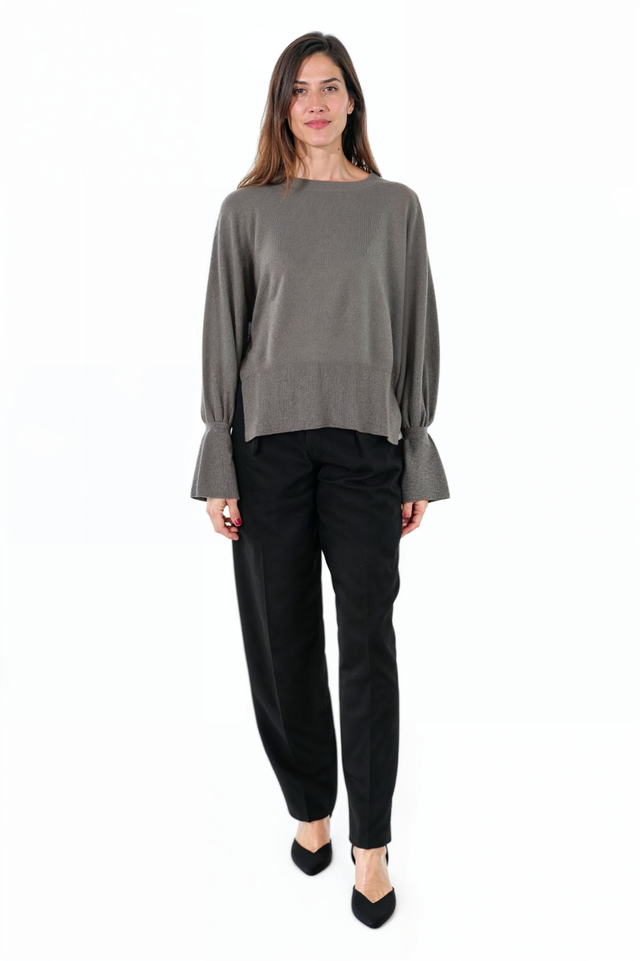 Fabiana Filippi Taupe Relaxed Knit Top with Bell Sleeves