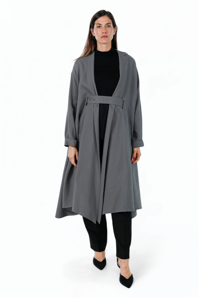 Valentino Gray Belted A-Line Coat with Textured Detail