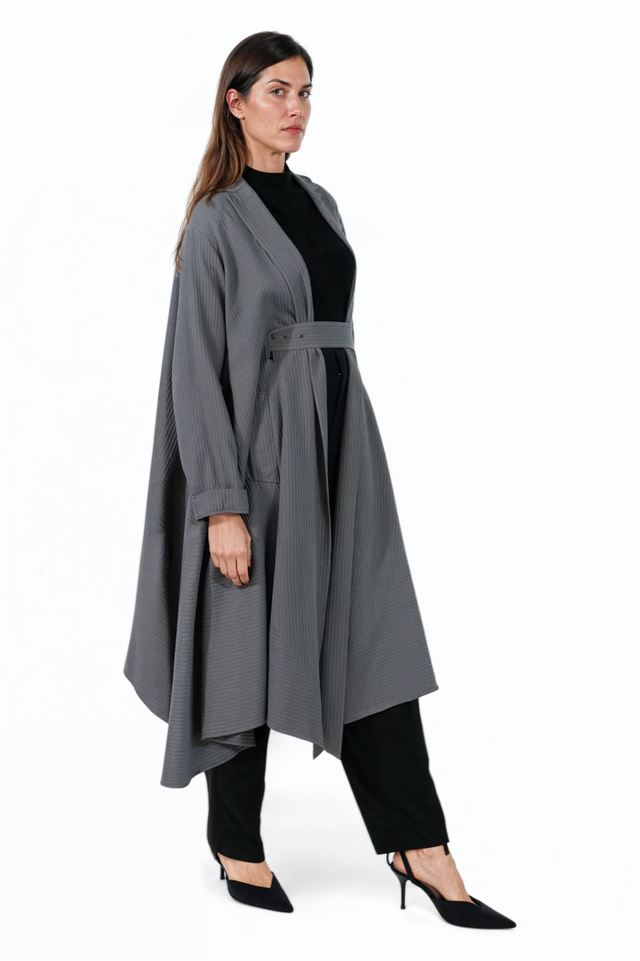 Valentino Gray Belted A-Line Coat with Textured Detail