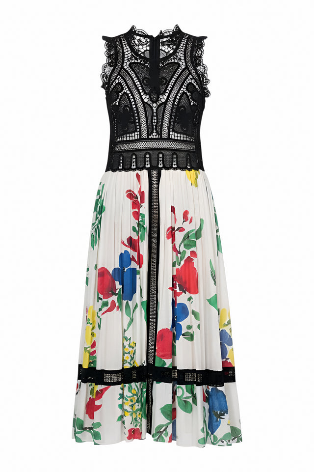 Valentino Black Lace Bodice & Multicolor Floral Pleated Skirt Dress