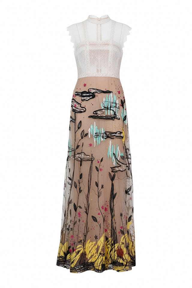 Valentino Sheer Lace & Embroidered Gown with Nature Motif
