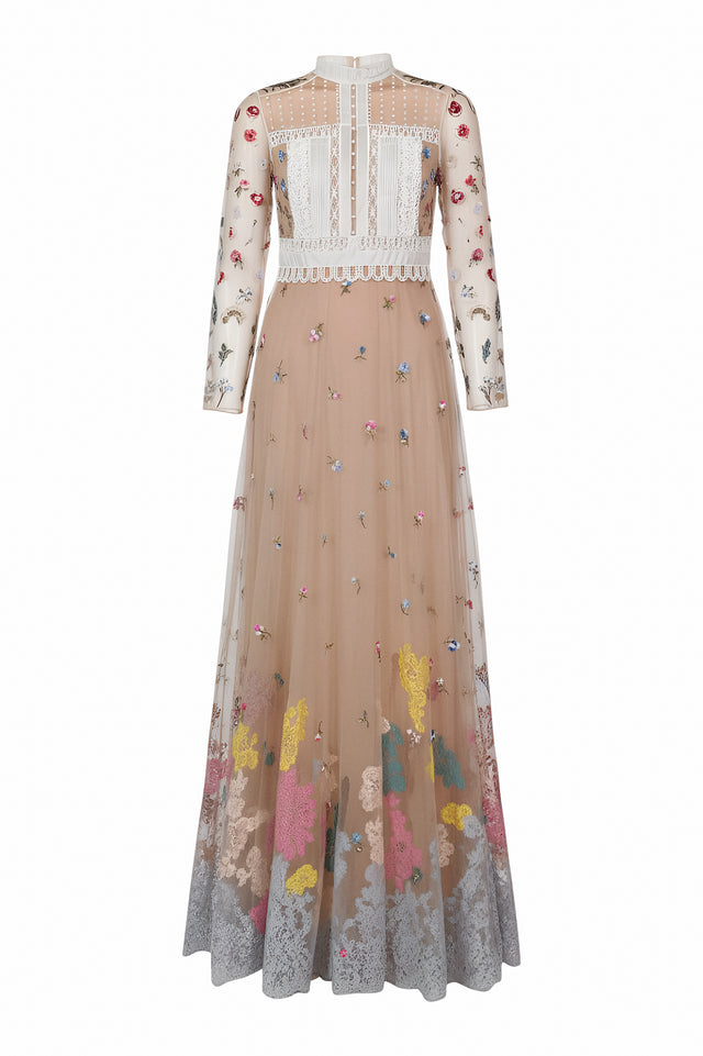 Valentino Embroidered Tulle Gown in Beige