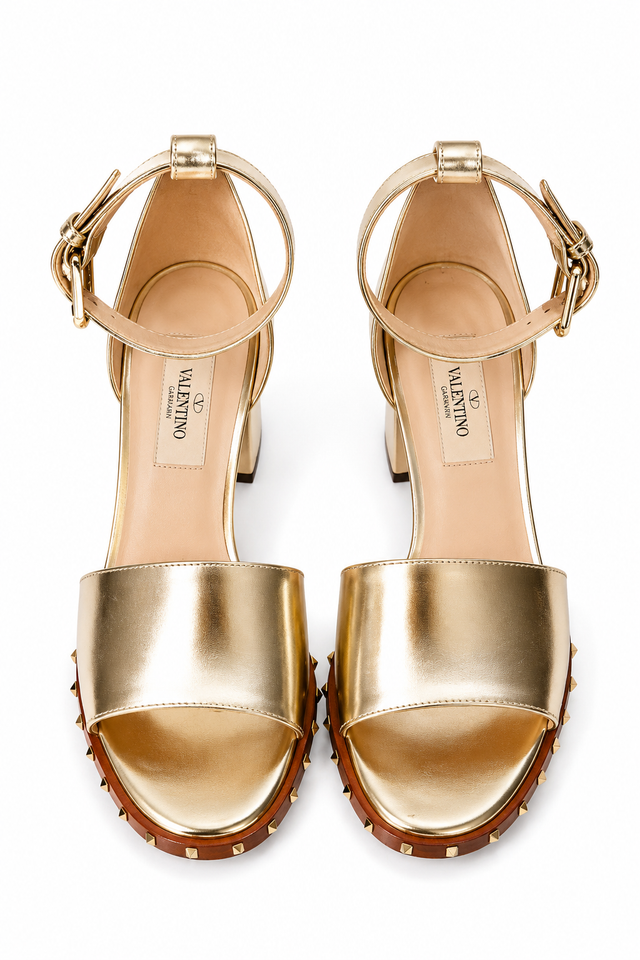 Valentino Garavani Rockstud Metallic Leather Block Heel Sandals