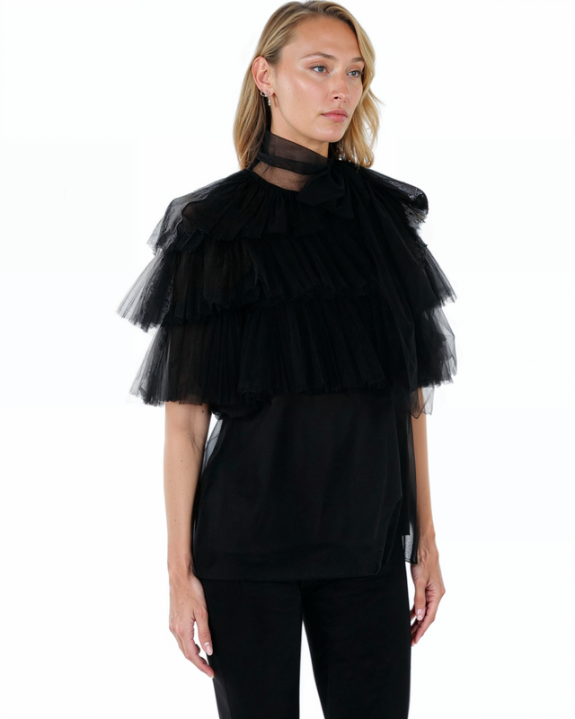 Valentino Black Tiered Tulle Blouse with Bow Detail