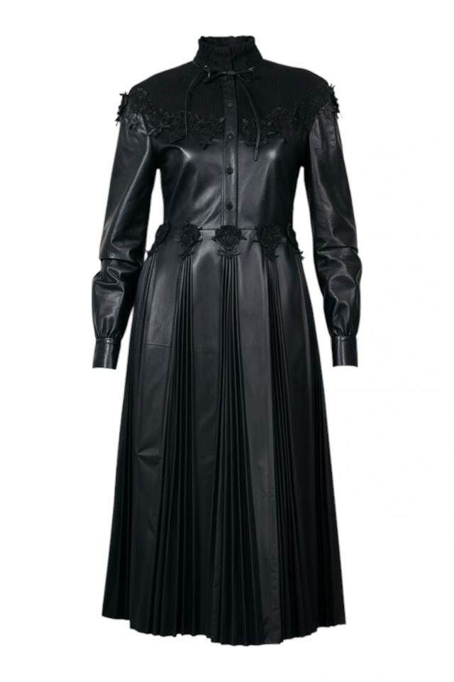 Valentino Black Leather Pleated Midi Dress with Lace Appliqué