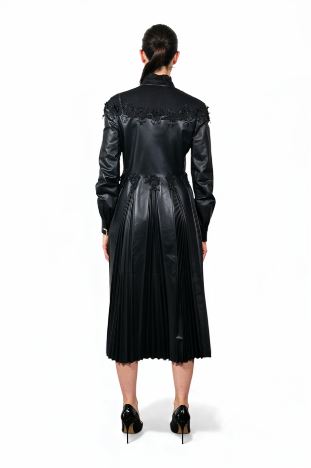 Valentino Black Leather Pleated Midi Dress with Lace Appliqué