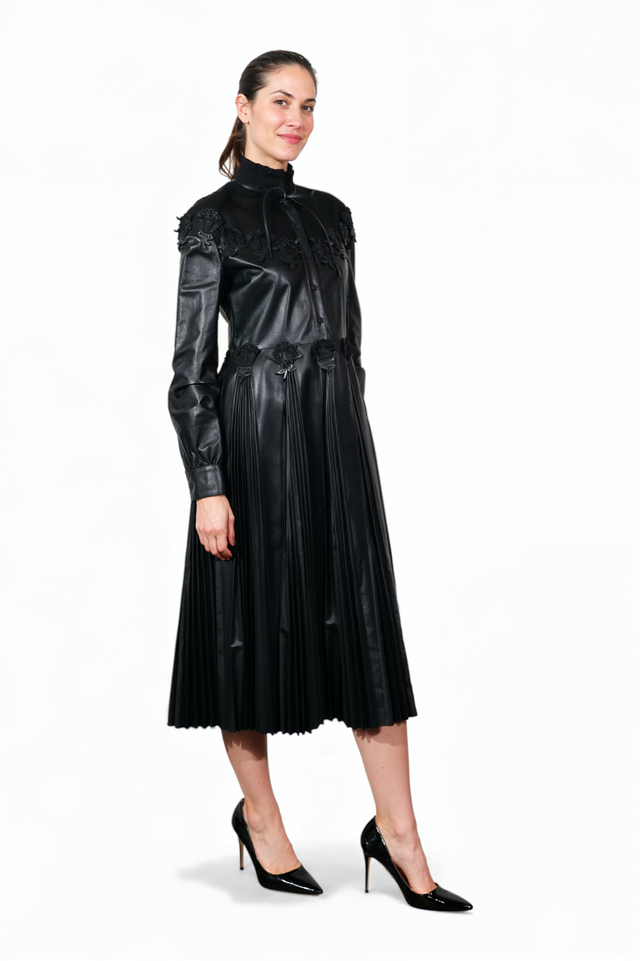 Valentino Black Leather Pleated Midi Dress with Lace Appliqué