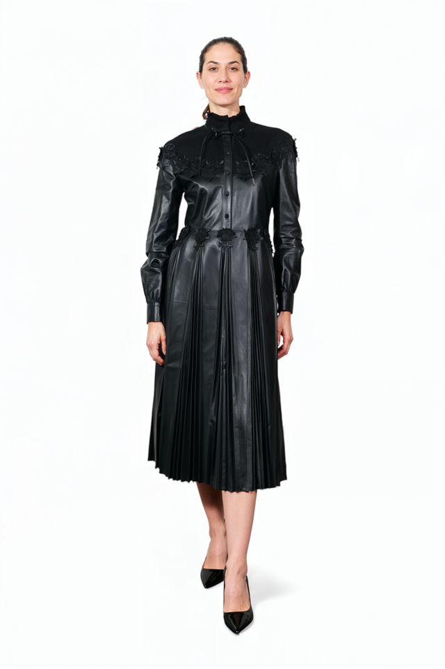 Valentino Black Leather Pleated Midi Dress with Lace Appliqué