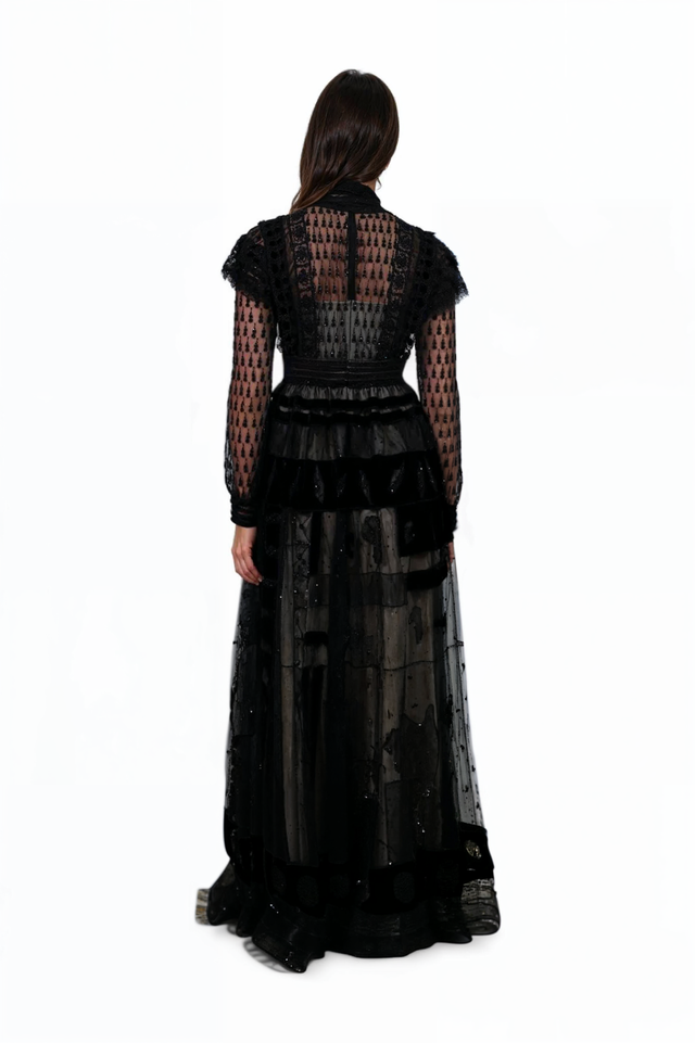 Valentino Black Sheer Lace and Tulle High-Neck Gown