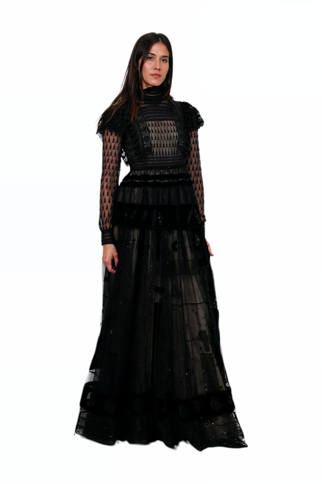 Valentino Black Sheer Lace and Tulle High-Neck Gown