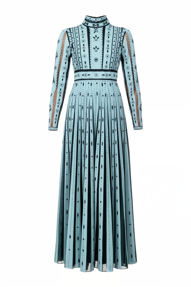 Valentino Blue Laser-Cut Leather Long Sleeve Gown
