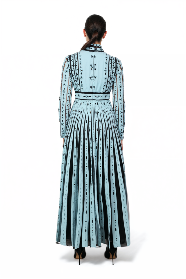 Valentino Blue Laser-Cut Leather Long Sleeve Gown