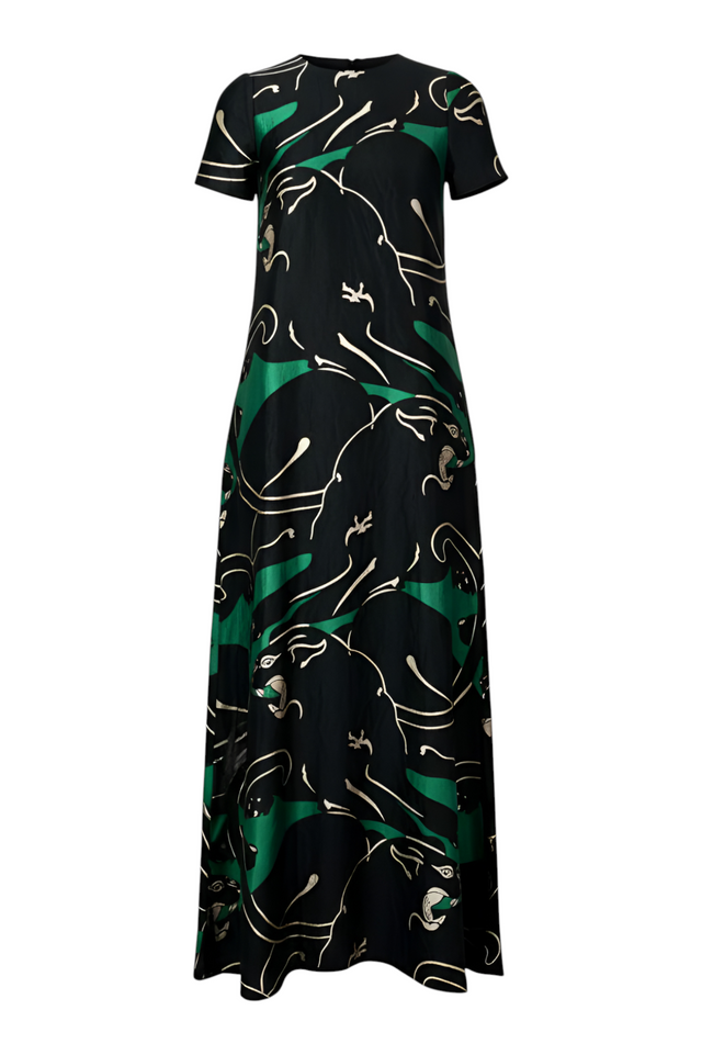 Valentino Panther Print Silk Gown — Black & Emerald