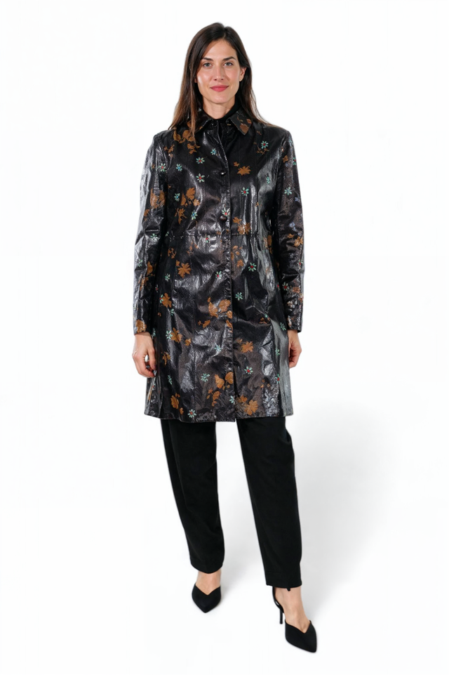 Valentino Black Patent Floral Print Coat