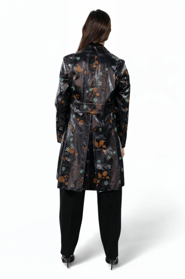 Valentino Black Patent Floral Print Coat