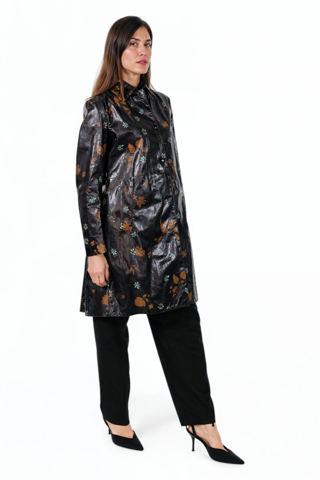 Valentino Black Patent Floral Print Coat