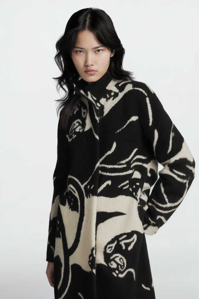 Valentino Black and White Panther Motif Fur Coat