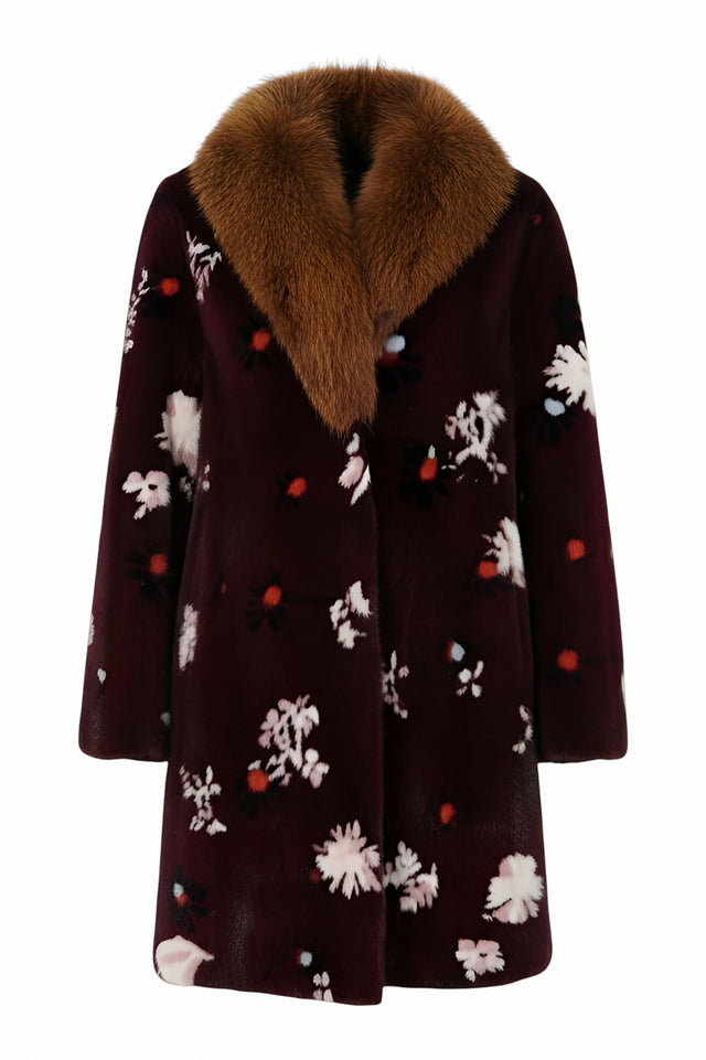 Valentino Burgundy Floral Mink Coat with Brown Fox Fur Collar