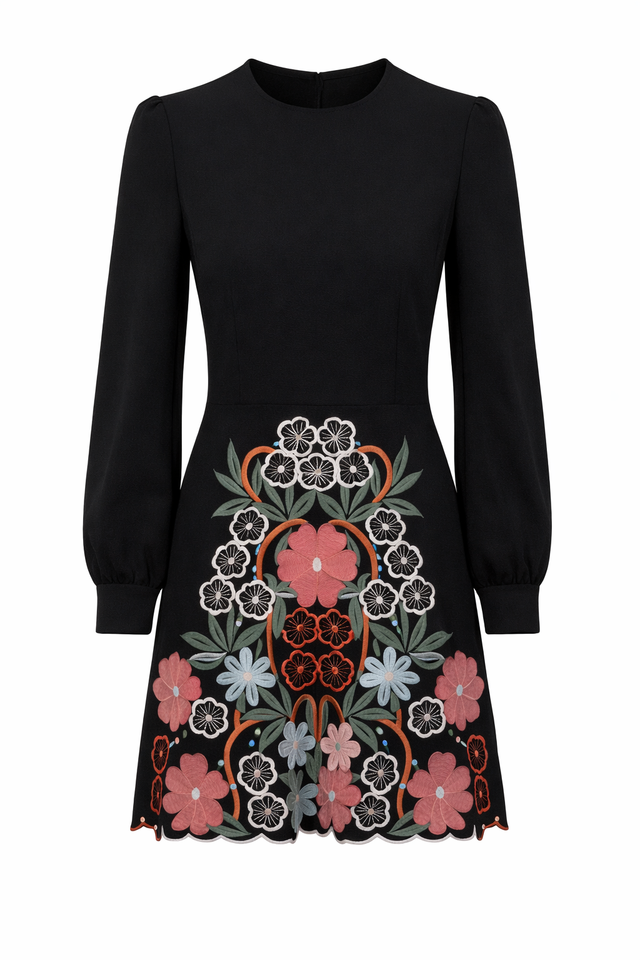 Red Valentino Floral Embroidered Mini Dress with Scalloped Hem in Black