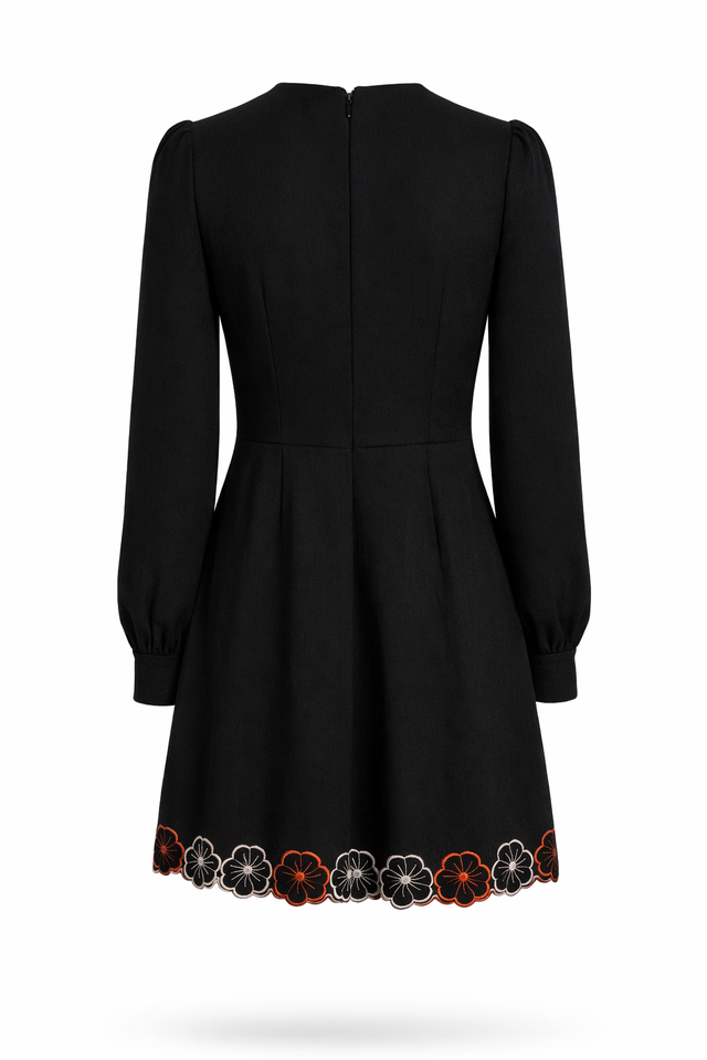 Red Valentino Floral Embroidered Mini Dress with Scalloped Hem in Black