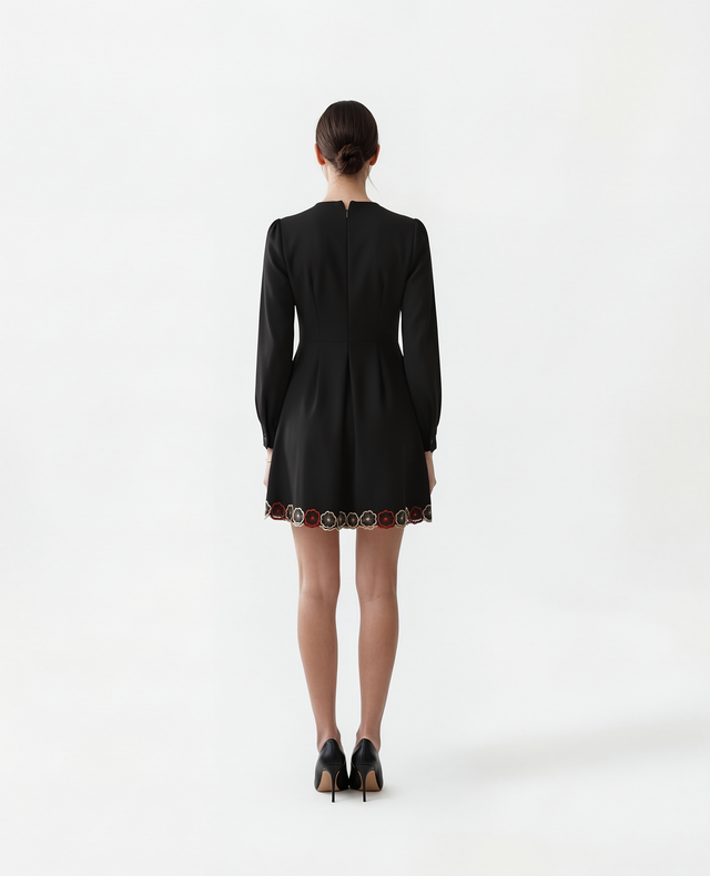 Red Valentino Floral Embroidered Mini Dress with Scalloped Hem in Black