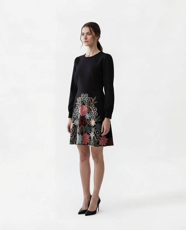 Red Valentino Floral Embroidered Mini Dress with Scalloped Hem in Black